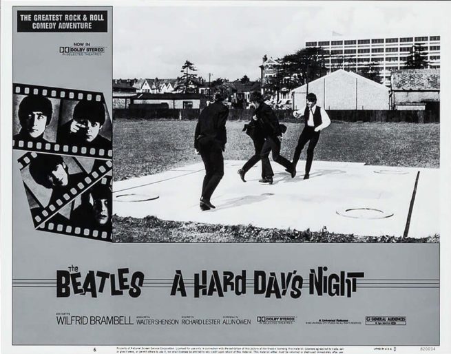 Original US cinema Lobby Card for the 1982 re-release of the Beatles' first film, A Hard Day's Night, measuring 11 ins by 14 ins