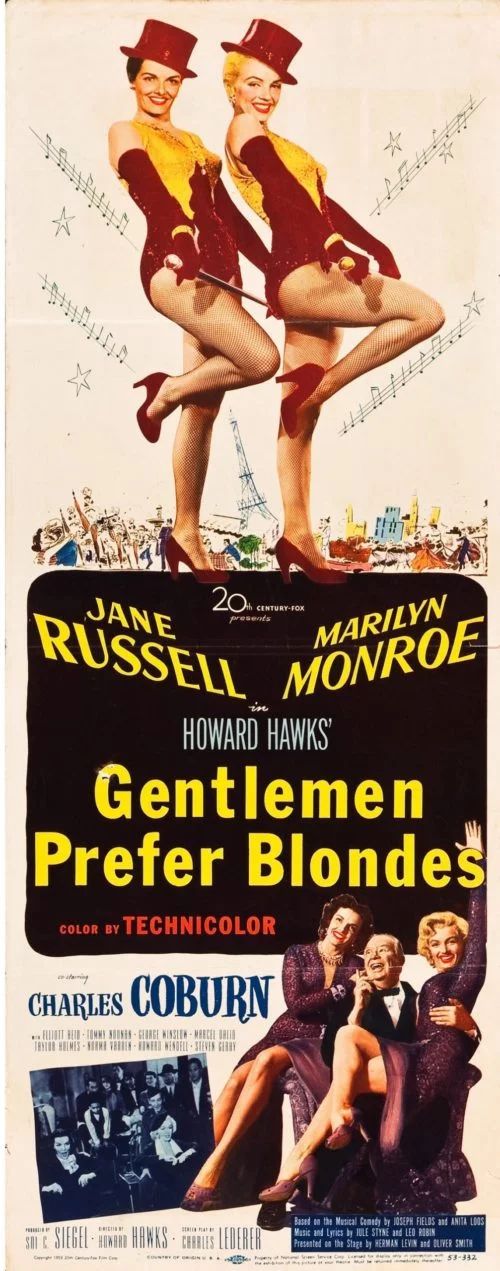 Original vintage US Insert style cinema poster for the 1953 musical, Gentlemen Prefeer Blondes, starring Marilyn Monroe, measuring 14 ins by 36 ins