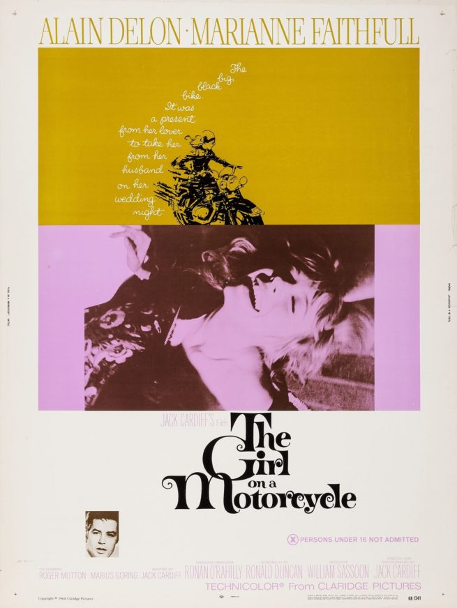 Original vintage US cinema poster for 1968 movie, The Girl on a Motorcycle, measuring 30 ins by 40 ins