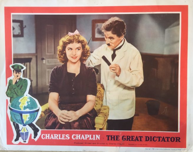 Original vintage US cinema Lobby Card for the 1958 release of Chaplin's The Great Dictator, measuring 11 ins by 14 ins