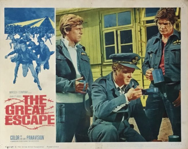 Original vintage US cinema Lobby Card for 1963 war classic, The Great Escape, starring Steve McQueen, measuring 11 ins by 14 ins