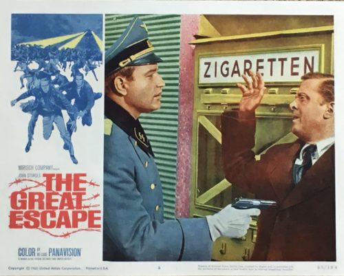 Original vintage US cinema Lobby Card for classic 1963 war movie, The Great Escape, starring Steve McQueen, measuring 11 ins by 14 ins