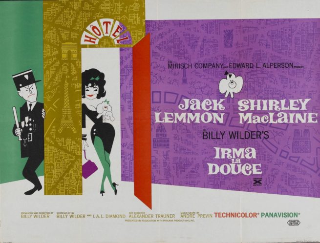 Original vintage UK Quad cinema film poster for 1963 comedy, Irma La Douce, starring Jack Lemmon and Shirley Maclaine, measuring 30 ins by 40 ins