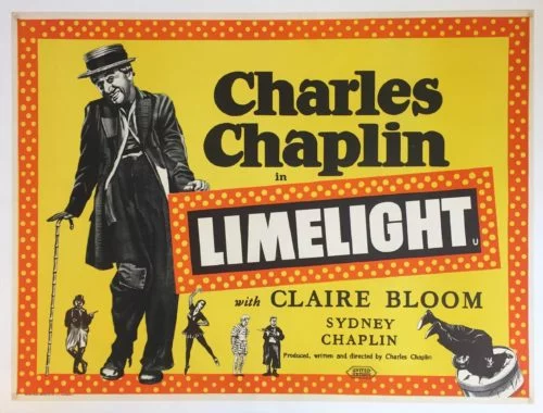 Original vintage UK Quad cinema poster for 1952 comedy Limelight starring Charlie Chaplin, measuring 30 ins by 40 ins