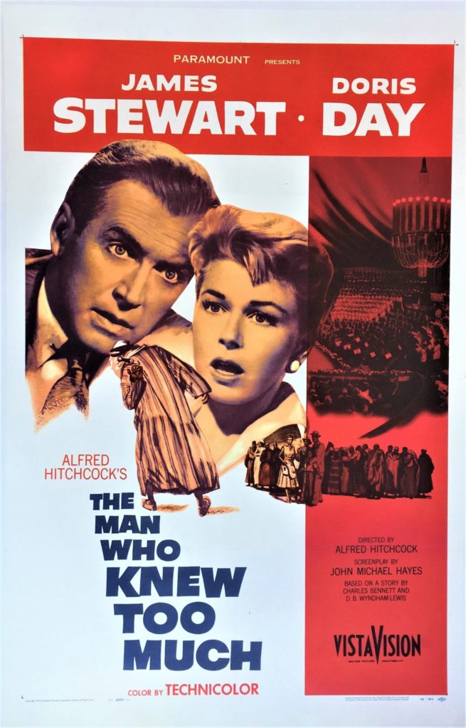 Vintage original US One Sheet cinema poster for the 1956 movie, The Man Who Knew Too Much, directed by Alfred Hitchcock and starring James Stewart and Doris Day, measuring 27 ins by 41 ins