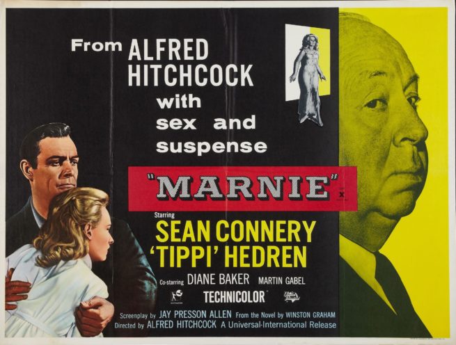 Original vintage UK Quad cinema poster for 1964 movie, Marnie, directed by Alfred Hitchcock and starring Sean Connery, measuring 30 ins by 40 ins