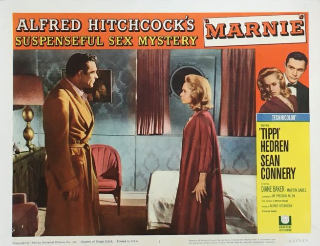 Original vintage US Lobby Card for Hitchcock's 1964 film, Marnie, starring Sean Conmnery, measuring 11 ins by 14 ins
