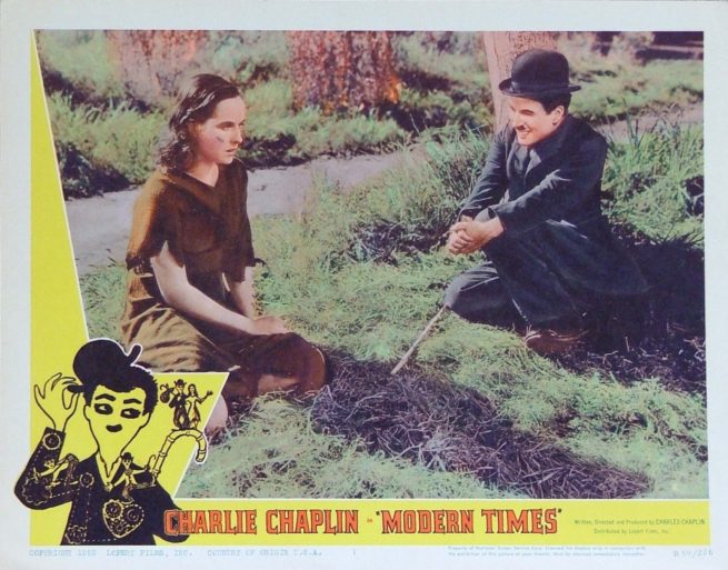 Original vintage cinema Lobby Card for the 1959 release of the classic comedy from Charlie Chaplin, Modern Times, measuring 11 ins by 14 ins