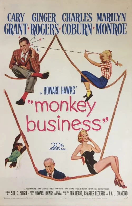 Original US One Sheet cinema display movie poster for the 1952 film, Monkey Business, starring Cary Grant and Marilyn Monroe