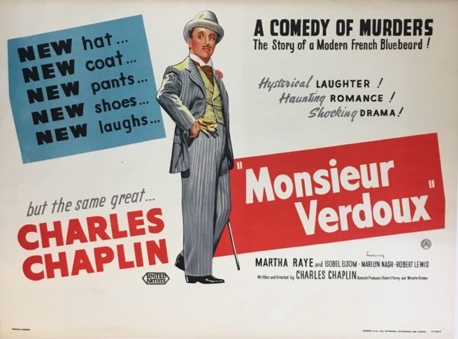 Original vintage British Quad cinema poster for 1947 comedy Monsieur Verdoux, starring Charlie Chaplin, measuring 30 ins by 40 ins