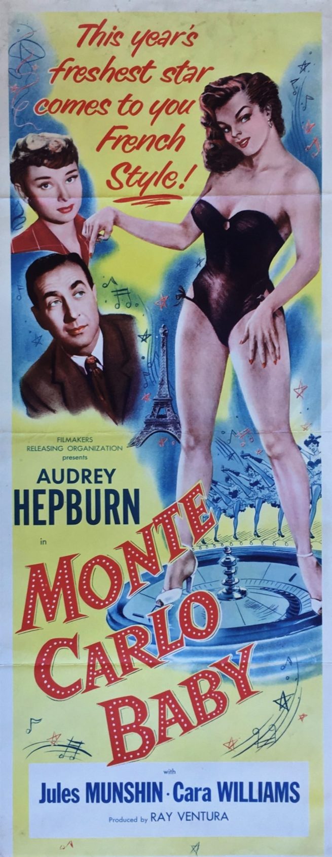 Original US Insert (14"x36") for Monte Carlo Baby featuring a young Audrey Hepburn