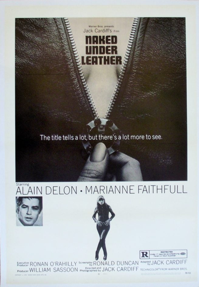 Original vintage US One Sheet poster for Naked Under Leather starring Alain Delon, measuring 27 ins by 41 ins