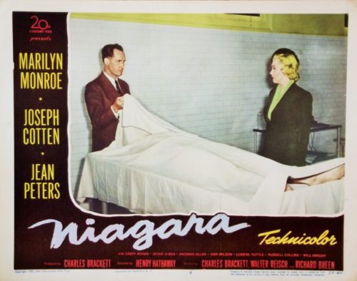 Original vintage US lobby card for the 1953 drama, Niagara, starring Marilyn Monroe, measuring 11 ins by 14 ins
