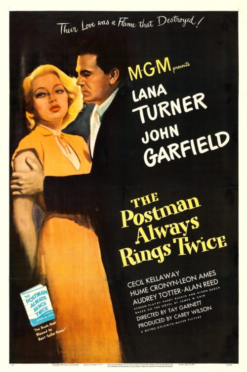 Vintage original US movie poster for the classic 1946 film noir, The Postman Always Rings Twice, starring Lana Turner and John Garfield, measuring 27 ins by 41 ins