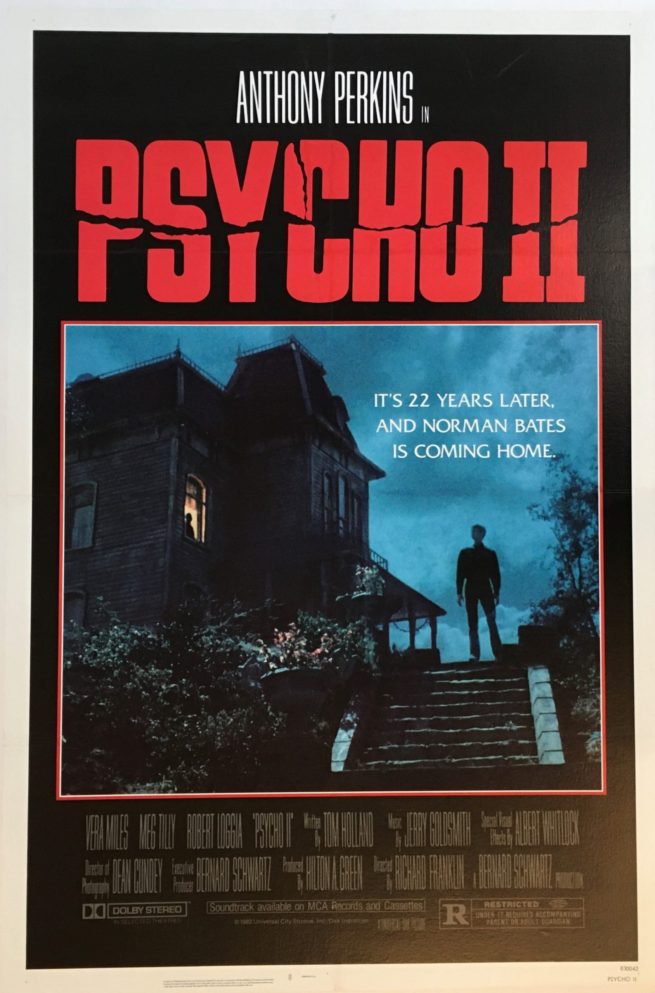 Original US One Sheet poster for the sequel to a classic, Psycho II, starring Anthony Perkins as Norman Bates, measuring 27 ins by 41 ins