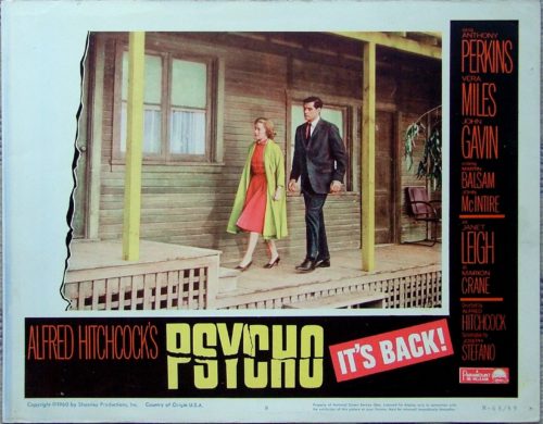 Original US Lobby Card from the 1965 re=release of Alfred Hitchcock's Psycho, starring Janet Leigh and Anthony Perkins, measuirng 11 ins by 14 ins