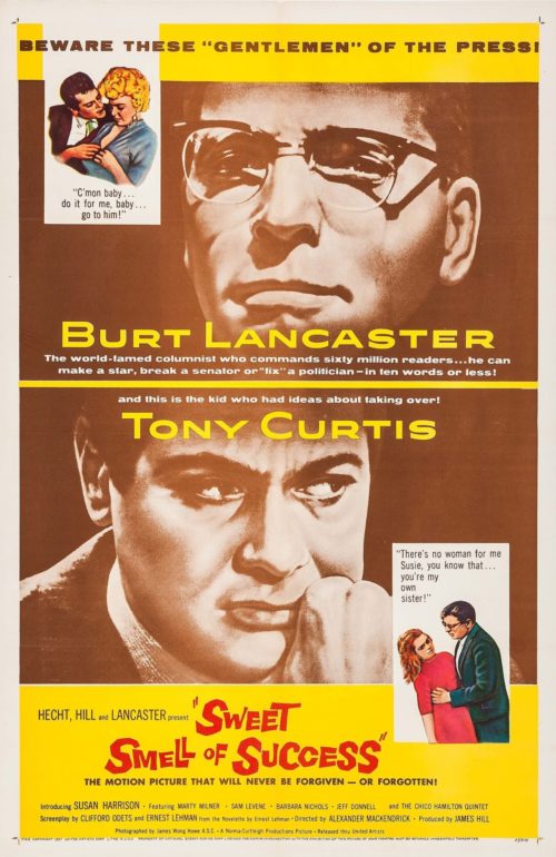 Original vintage US One Sheet movie poster for 1957 film, Sweet Smell of Success, starring Tony Curtis and Burt Reynolds, measuring 27 ins by 41 ins