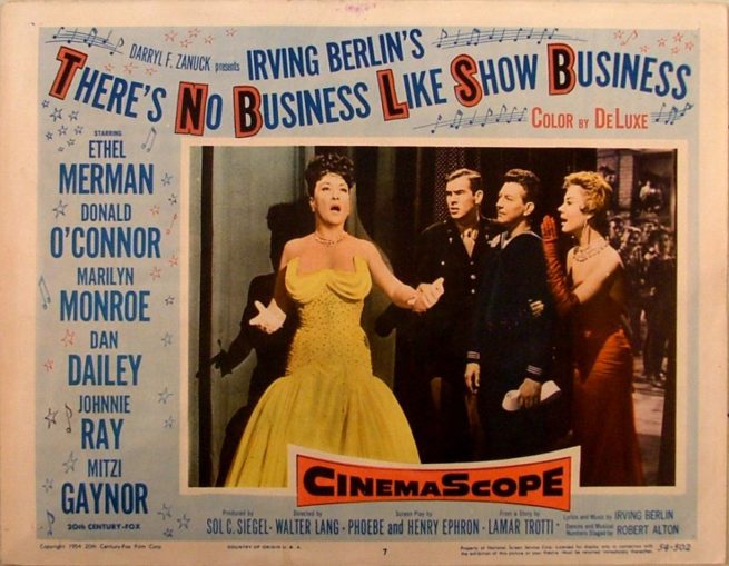 Original vintage US cinema lobby card for the musical There's No Business Like Show Business, measuring 11 ins by 14 ins