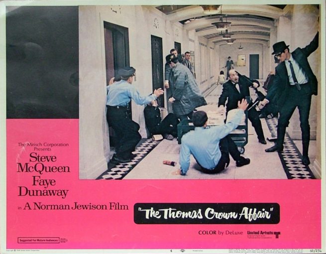 Original vintage US cinema lobby card for the 1968 movie The Thomas Crown Affair starring Steve McQueen, measuring 11 ins by 14 ins