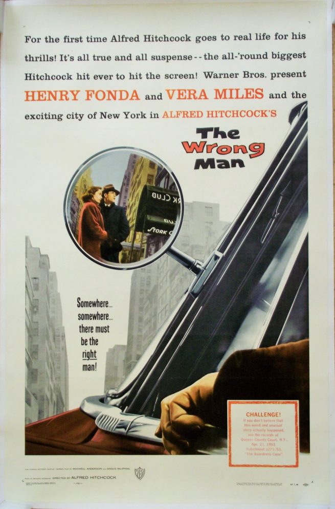 Original vintage US One Sheet cinema movie poster for the 1956 Alfred Hitchcock film, The Wrong Man, starring Henry Fonda