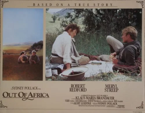 Vintage original UK cinema lobby card for 1985 biopic Out of Africa starring Robert Redford and Meryl Streep