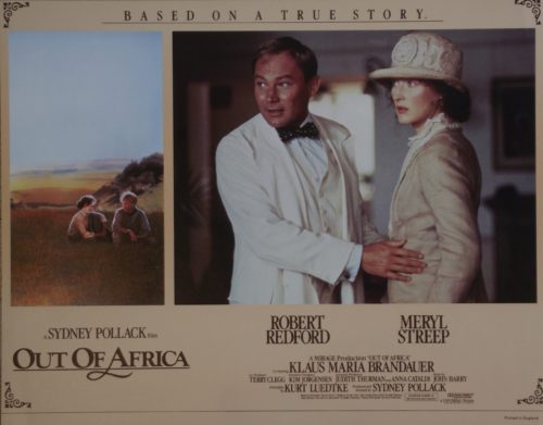 Vintage original UK cinema lobby card for 1985 biopic Out of Africa starring Robert Redford and Meryl Streep