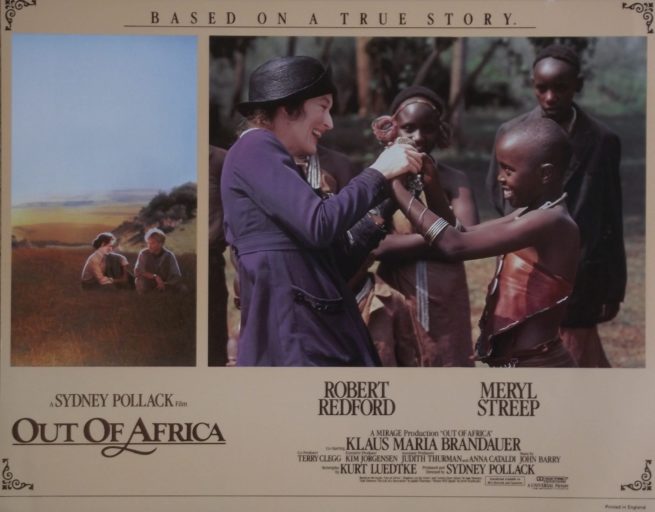 Vintage original UK cinema lobby card for 1985 biopic Out of Africa starring Robert Redford and Meryl Streep