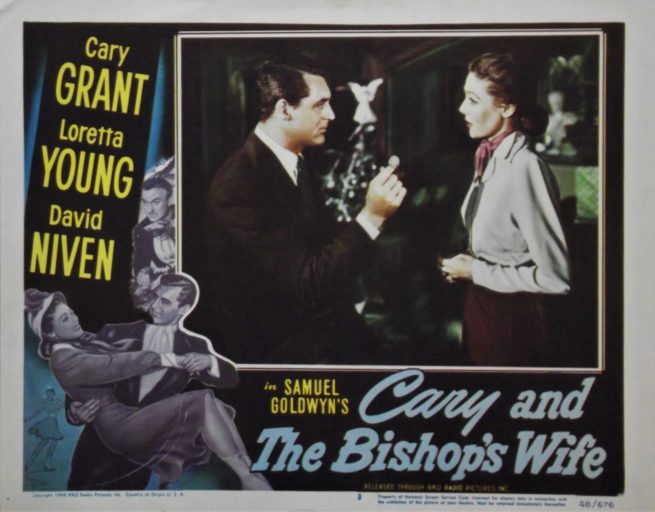 Original vintage US cinema lobby card for 1948 Christmas movie, The Bishop's Wife, starring Cary Grant, measuring 11 ins by 14 ins