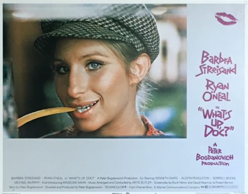 Original vintage US cinema lobby card for Ryan O'Neal and Barbra Streisand comedy What's Up Doc?