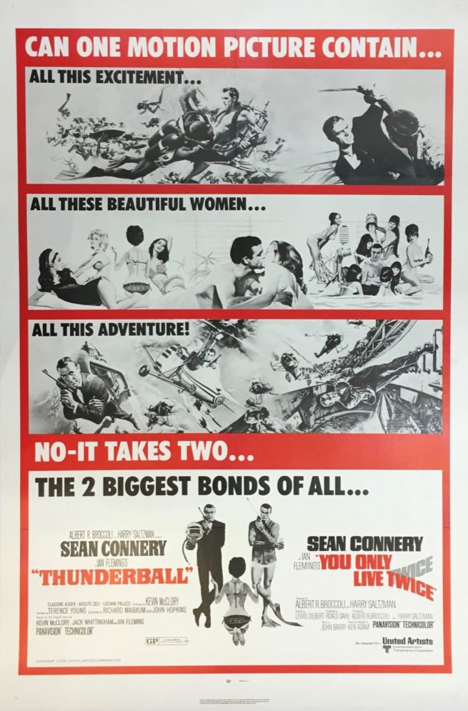 Vintage original US movie poster for double bil James Bond Thunderball and You Only Live Twice
