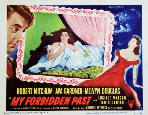Original vintage US cinema lobby card for My Forbidden Past, starring Robert Mitchum and Ava Gardner