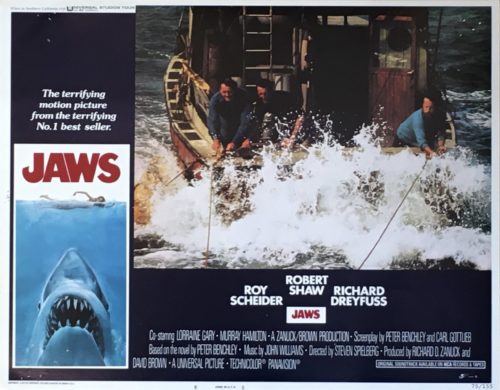 Original vintage US cinema lobby card movie poster for Jaws