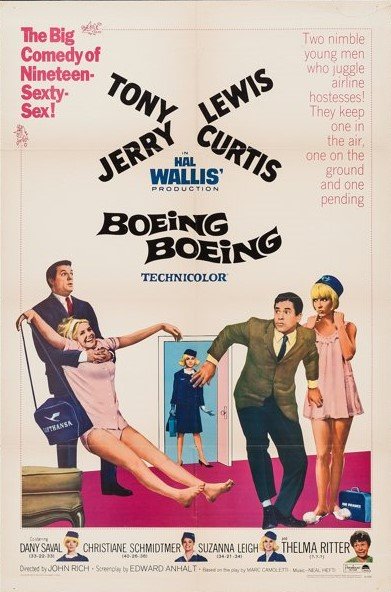 Original vintage US cinema poster for Tony Curtis and Jerry Lewis in comedy, Boeing Boeing