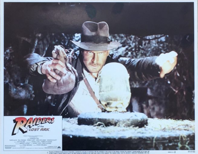 Original vintage US cinema lobby card movie poster for Raiders of the Lost Ark