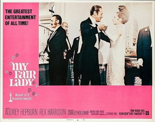 Original vintage US cinema lobby card poster for multi-Oscar winning musical My Fair Lady starring Audrey Hepburn