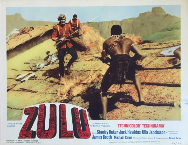 Original vintage US lobby card poster for classic war film Zulu starring Michael Caine