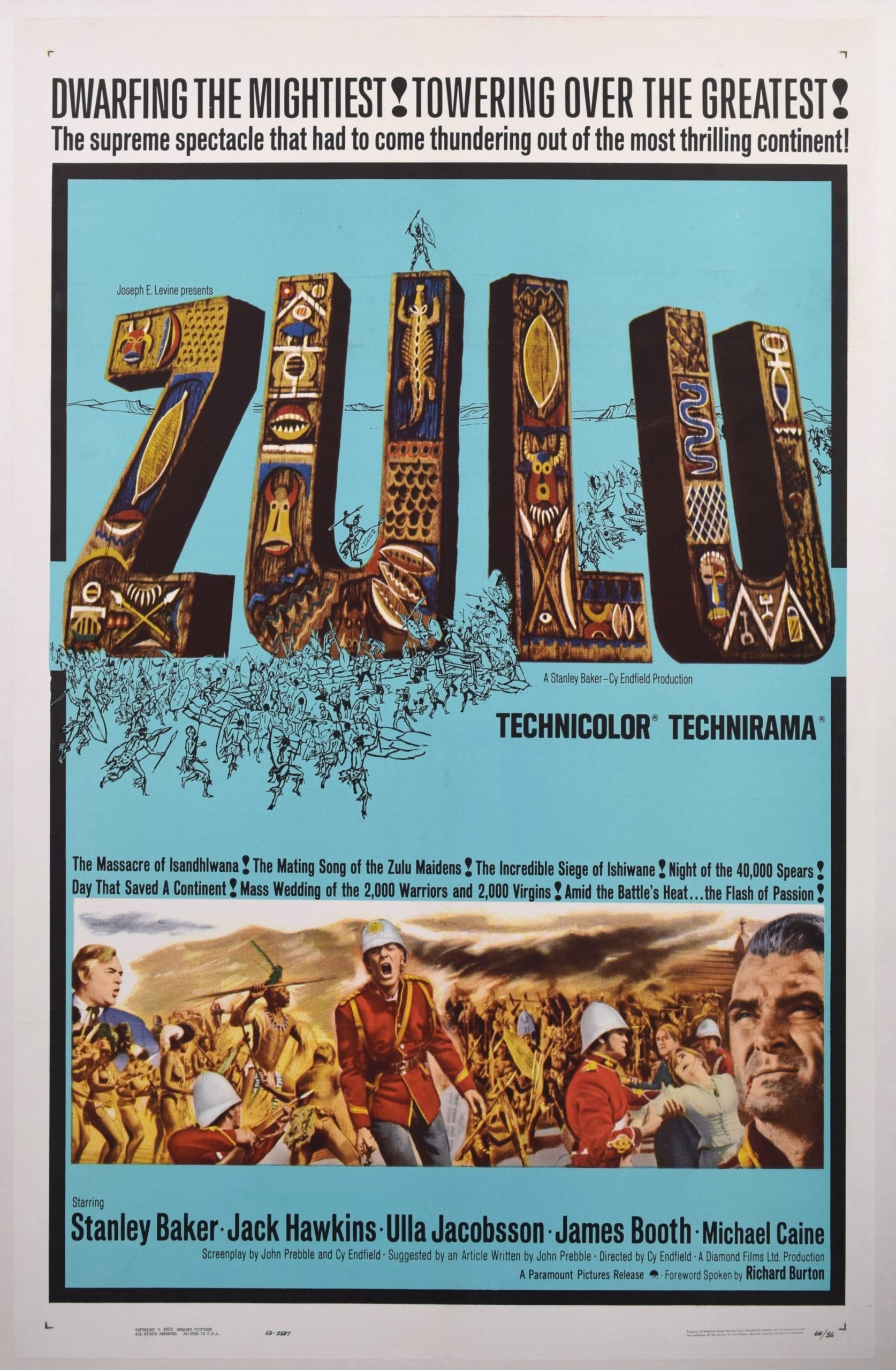 Vintage original US cinema poster for 1964 film Zulu starring Michael Caine