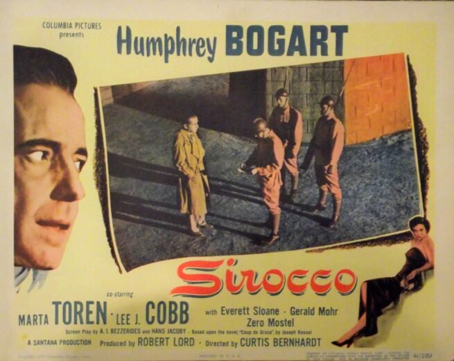 Original vintage US cinema lobby card poster for Humphrey Bogart film noir movie Sirocco.