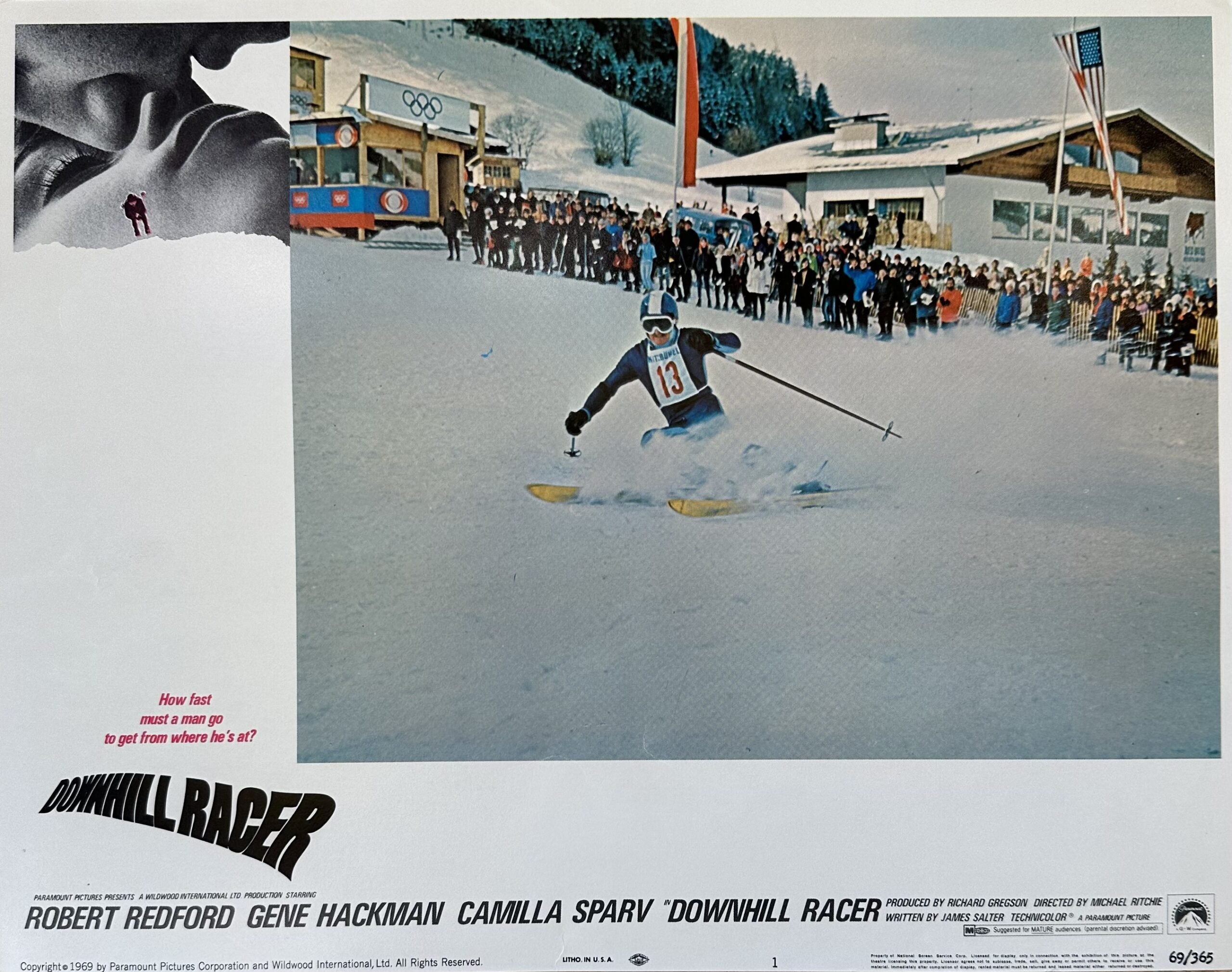 Original vintage cinema lobby card movie poster for ski-ing film, Downhill Racer
