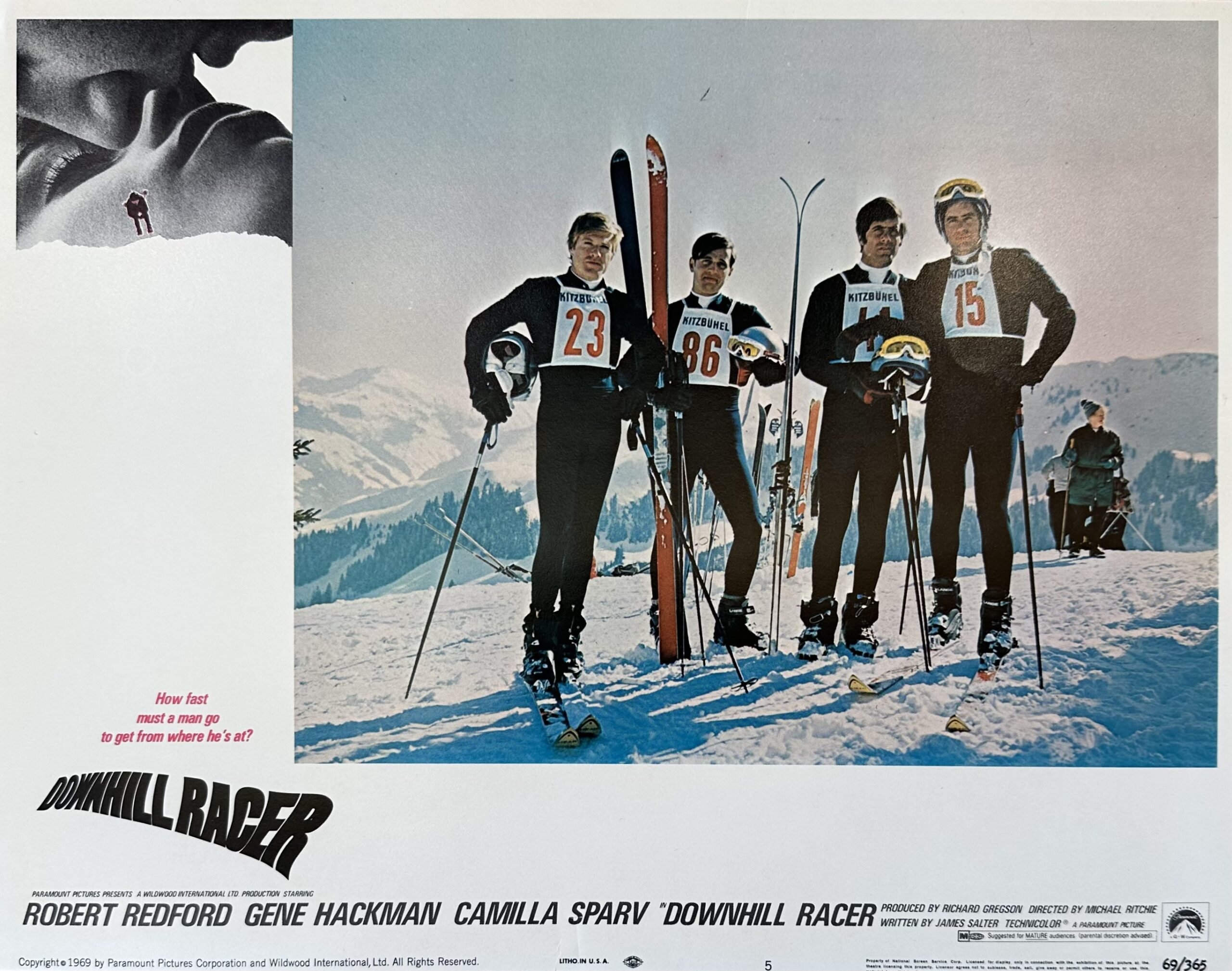 Original vintage cinema lobby card movie poster for ski-ing film, Downhill Racer