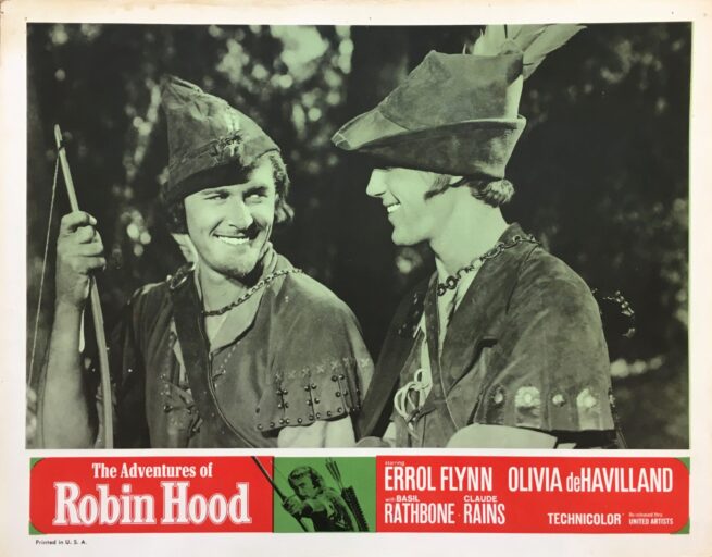 Vintage original US cinema lobby card poster for the Adventures of Robin Hood starring Errol Flynn.