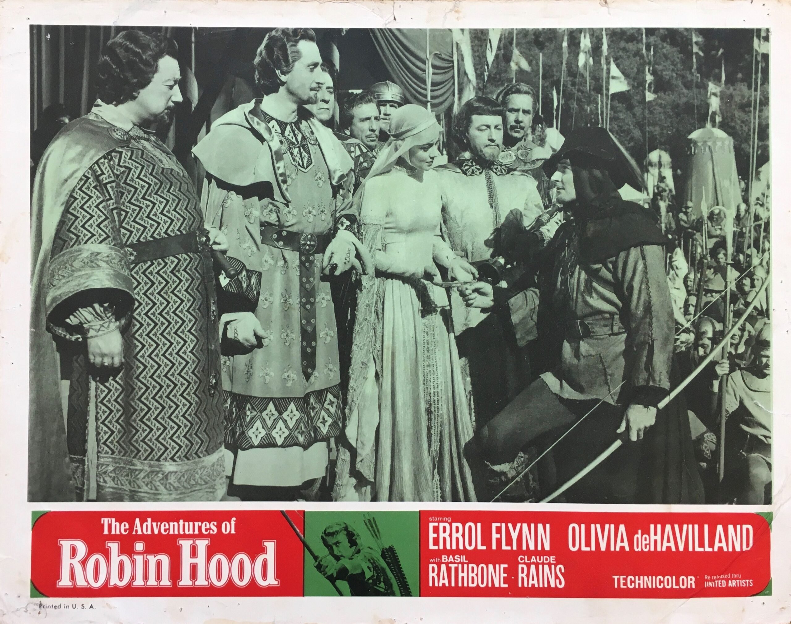 Vintage original US cinema lobby card poster for sale for Errol Flynn and Olivia de Havilland in The Adventures of Robin Hood.