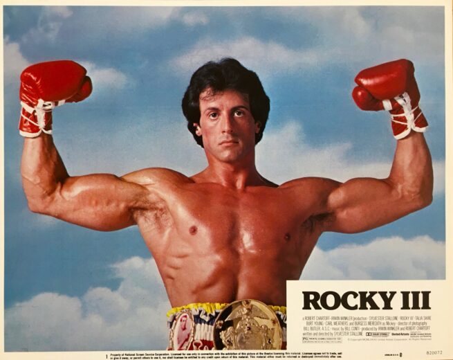 Vintage original US cinema lobby card poster for Syvlester Stallone in Rocky III.