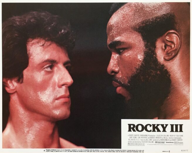 Original vintage US cinema lobby card poster for Sylvester Stallone and Mr T in Rocky III.