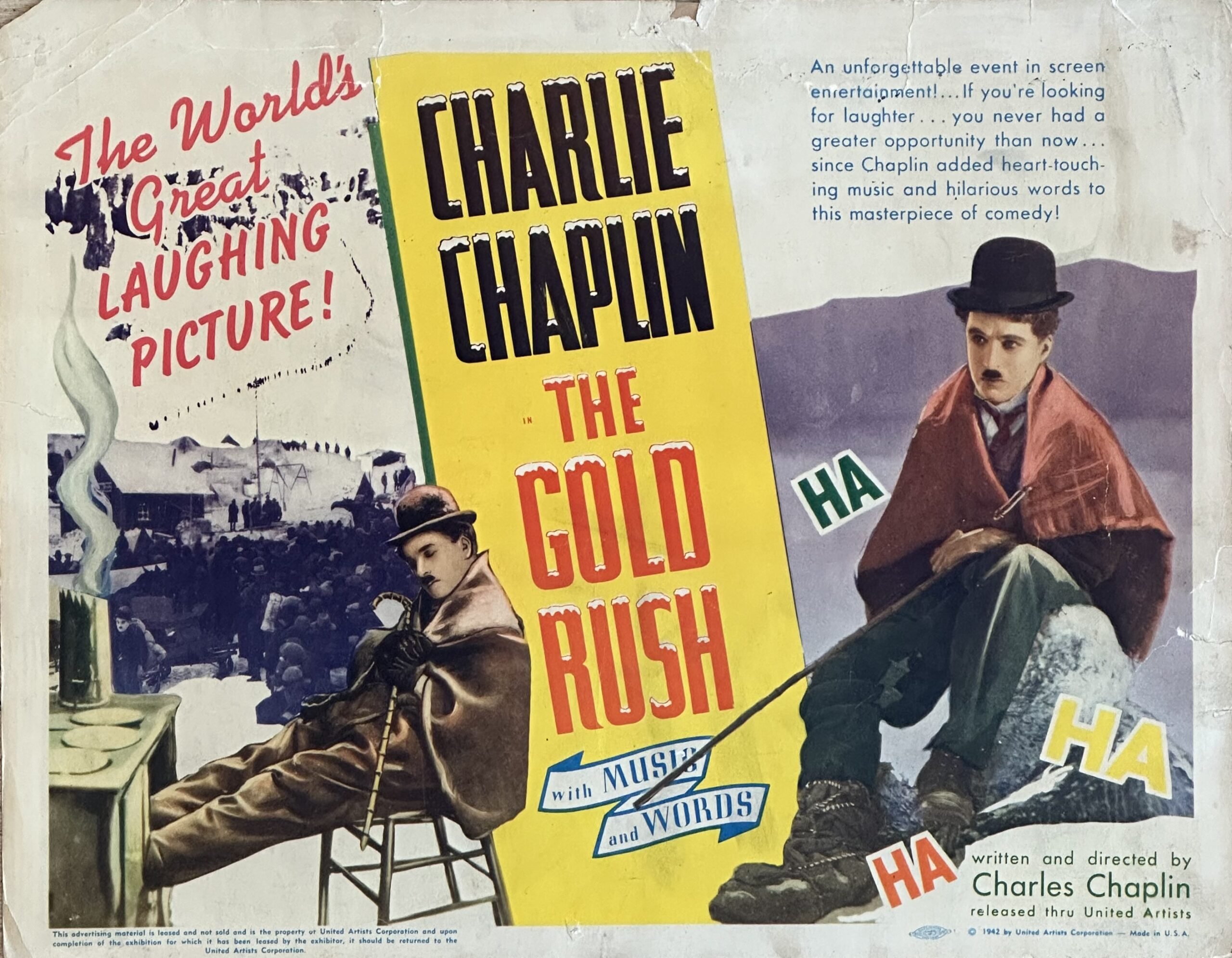 Original vintage cinema lobby card movie poster for Chaplin classic, The Gold Rush