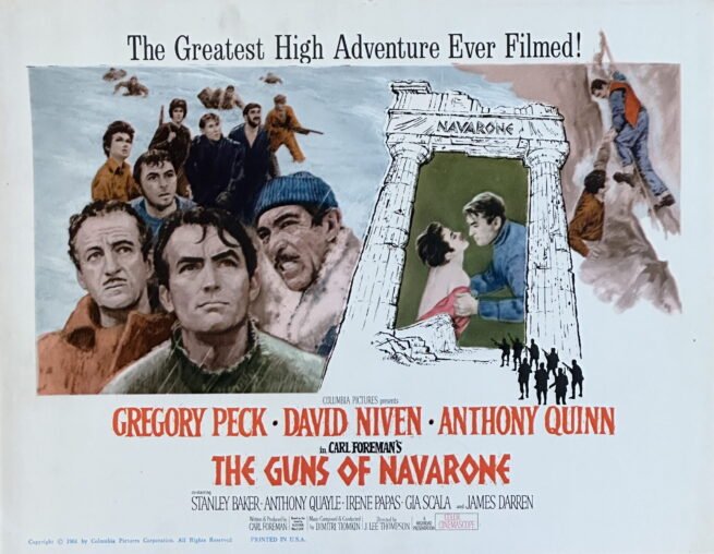 Original vintage cinema lobby card movie poster for classic war movie, The Guns of Navarone