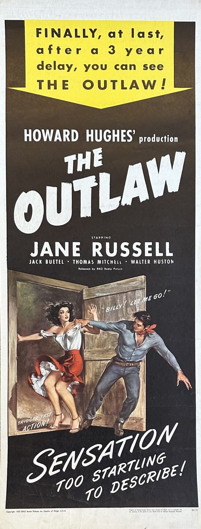 Original vintage cinema mocvie poster for the western, The Outlaw, starring Jane Russell