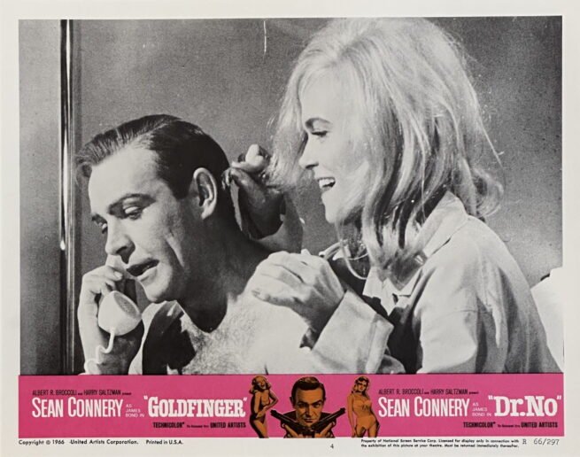 Original vintage cinema lobby card movie poster for the James Bond 007 double bill of Goldfinger and Dr No