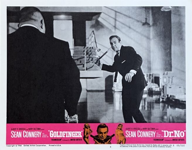 Original vintage cinema lobby card movie poster for the James Bond 007 double bill of Goldfinger and Dr No