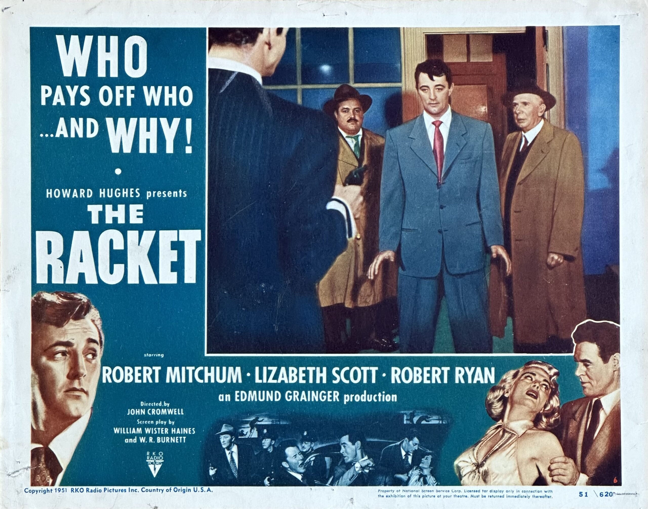Original vintage cinema lobby card movie poster for Robert Mitchum in Howard Hughes' The Racket
